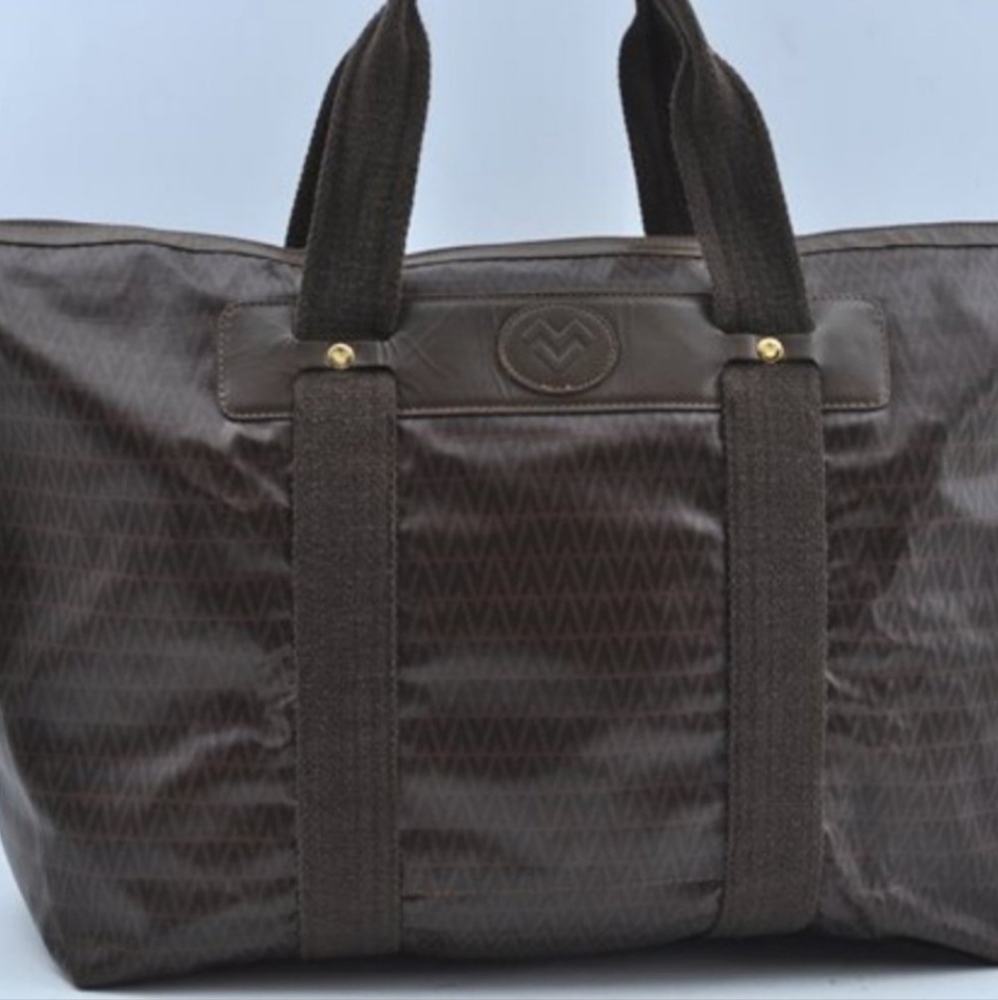 AUTHENTIC MARIO VALENTINO "V" LOGO LARGE TRAVEL TOTE BAG PVC/LEATHER BROWN GUC